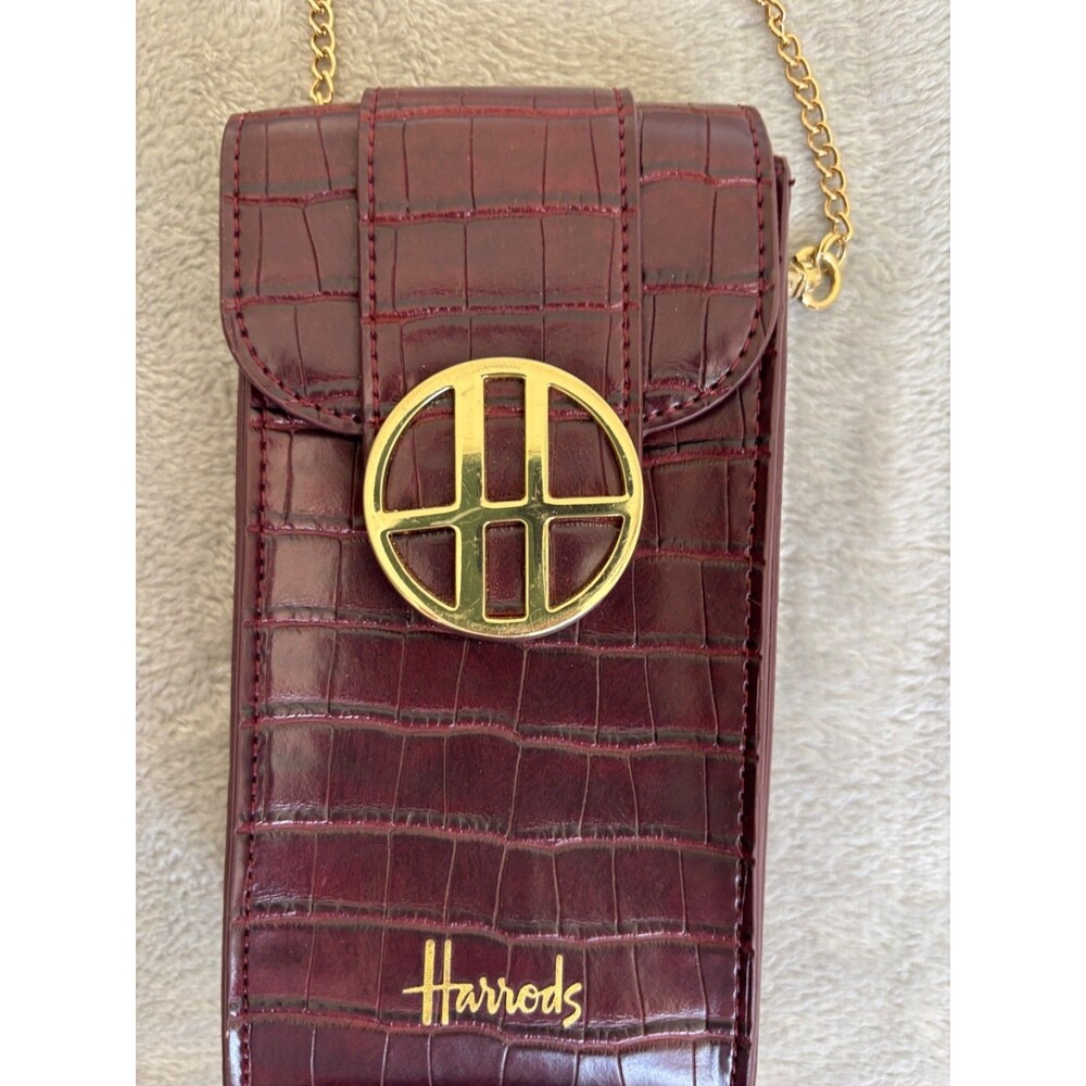 Harrods Croc Embossed Leather Phone Crossbody Bag Burgundy Gold Chain